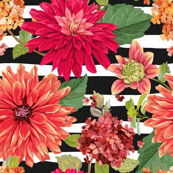 Patrón sin costura con flores de Asters rojos. Fondo floral para tela textil, Papel pintado, Envoltura. Diseño de flores de acuarela. Ilustración vectorial — Archivo Imágenes Vectoriales