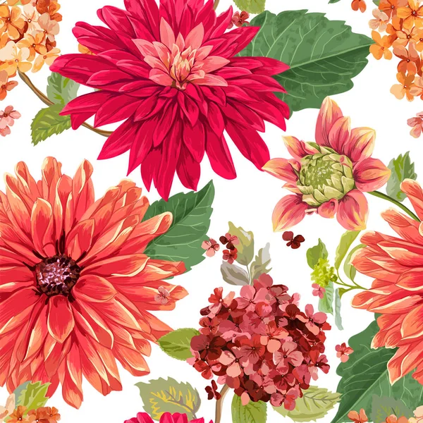 Nahtloses Muster mit roten Astern Blüten. Floraler Hintergrund für Textilien, Tapeten, Verpackungen. Aquarell Blumen Design. Vektorillustration — Stockvektor