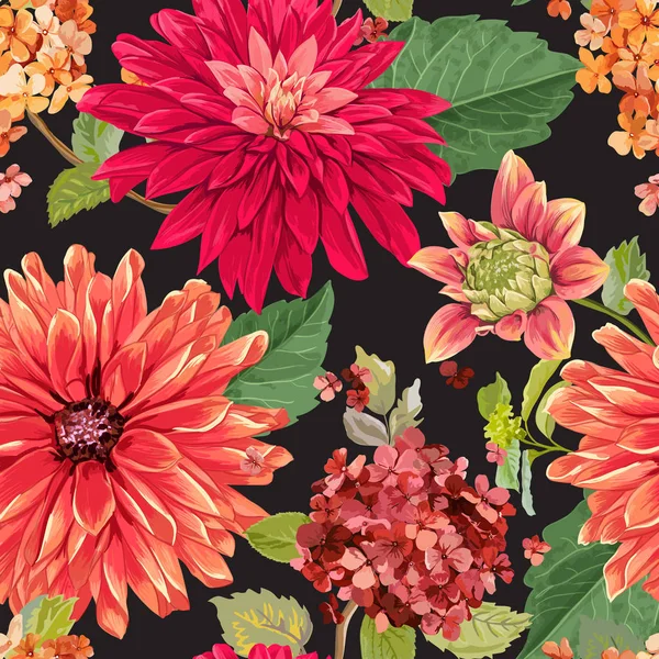 Patrón sin costura con flores de Asters rojos. Fondo floral para tela textil, Papel pintado, Envoltura. Diseño de flores de acuarela. Ilustración vectorial — Archivo Imágenes Vectoriales