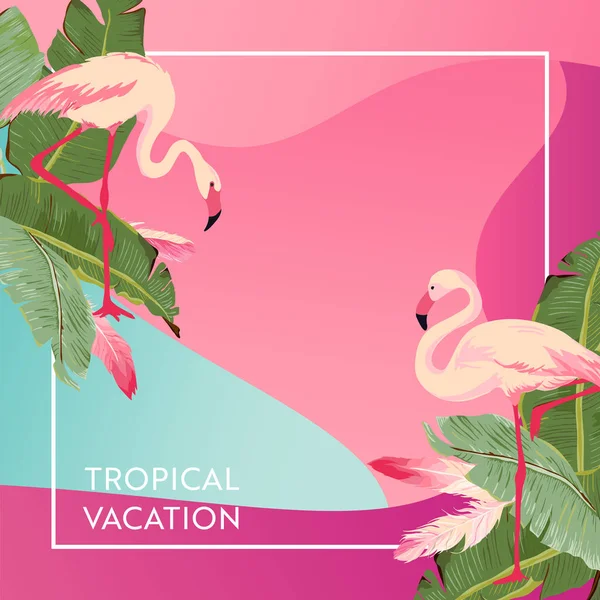 Diseño Vacaciones Tropicales Con Pájaro Flamenco Hojas Palma Para Web — Vector de stock