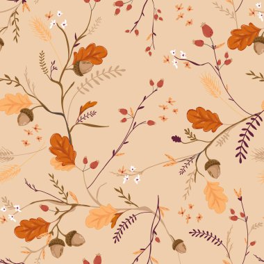 Meşe palamutları, yaprak ve çiçek ile sonbahar çiçek Seamless modeli. Sonbahar Vintage doğa Tekstil, duvar kağıdı, baskı, ambalaj kağıdı dekorasyon için arka plan. Vektör çizim