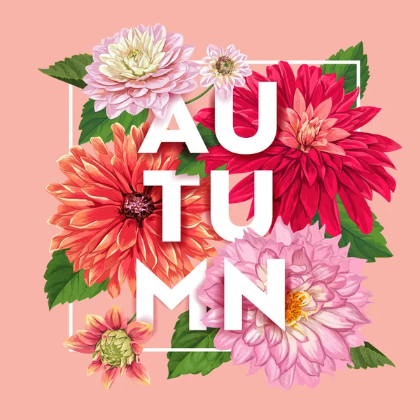 Hello Automne Floral Design. Saisonnière Fall Floral Background for Web Banner, Poster, Leaflet, Sale, Promo, Print. Aquarelle Asters Fleurs. Illustration vectorielle — Image vectorielle