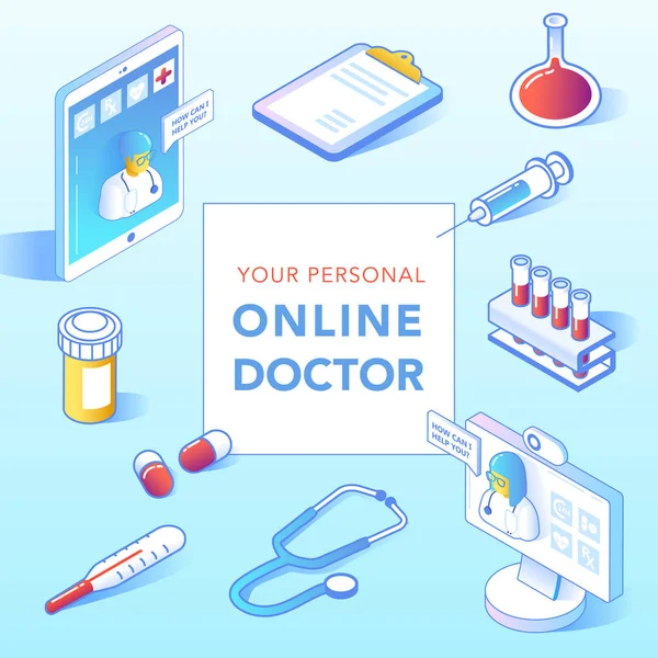 Online Healthcare Isomric Concept. Consultazione medica, applicazione diagnostica su smartphone, computer. Tecnologia moderna con medico e attrezzature mediche. Illustrazione vettoriale — Vettoriale Stock