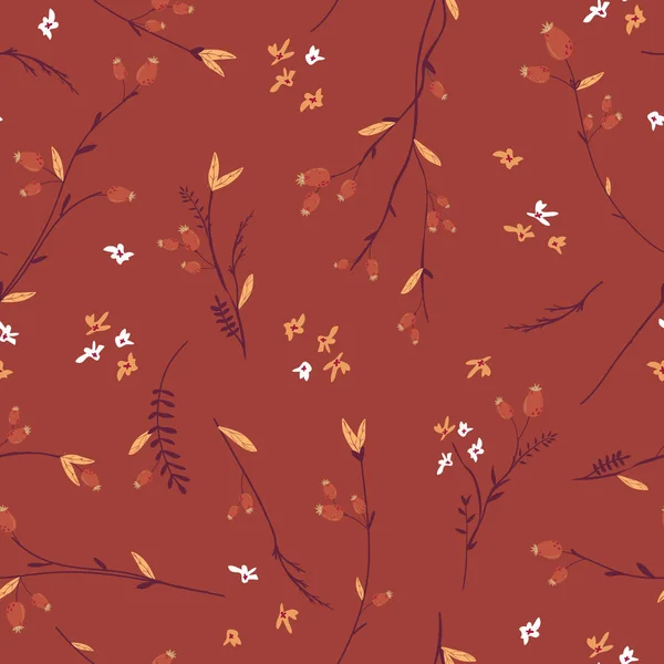 Autumn Floral Seamless Pattern with Leaves and Flowers. Fall Vintage Nature Background for Textile, Wallpaper, Print, Decoration, Wrapping Paper. Vector illustration — Stock Vector