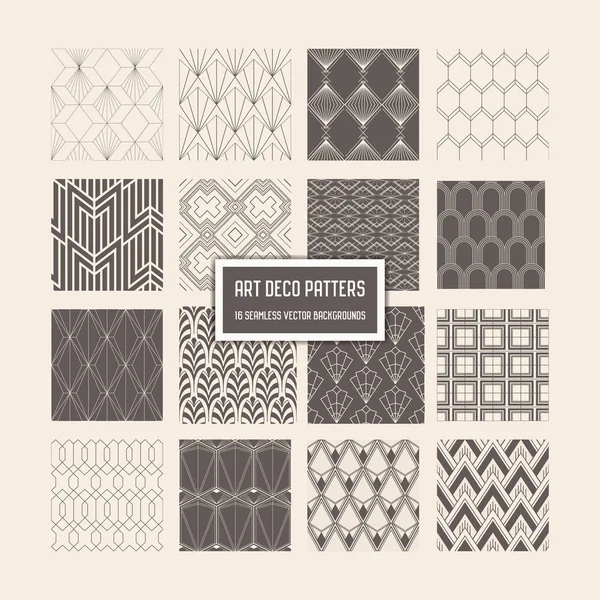 Art Deco Seamless Patterns, 16 Geometrical Backgrounds for design, cover, textile, decoration in vector — Stock Vector