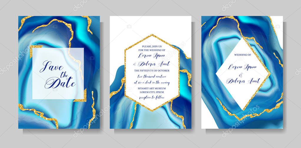 Wedding fashion geode or marble template, artistic covers design, colorful texture, realistic backgrounds. Trendy pattern, geometric brochure, save the date cards, graphic poster. Vector illustration.