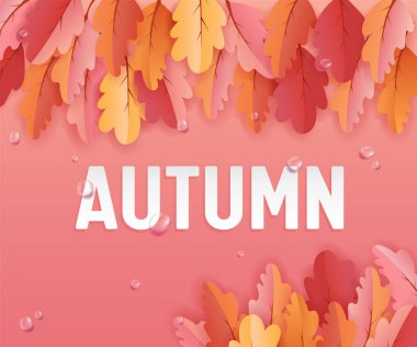 Sonbahar tebrik kartı güzel yaprakları ve yağmur damlaları, vektör arka plan düzeni Web afiş, şablon, duvar kağıdı, kapak, davet için kağıt sanat, sonbahar illüstrasyon ile dekorasyon