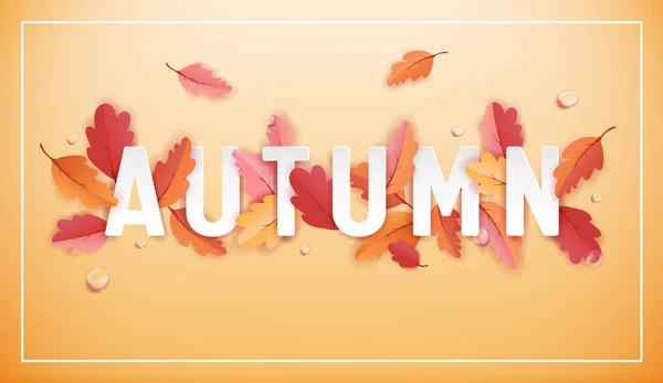 Осенний фоновый шаблон с красивыми листьями и капельками дождя, осенняя иллюстрация с бумажным рисунком для веб-баннера, шаблон карты, обои, обложка, приглашение в векторе — стоковый вектор