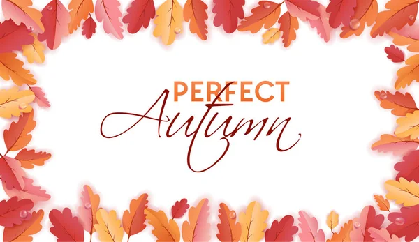 美しい葉と雨、Web バナー、カードのテンプレート、壁紙、カバー、ベクトルで招待状の紙の芸術で秋のイラスト秋の背景テンプレート — ストックベクタ