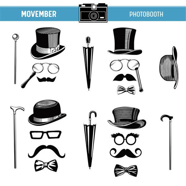 Movember Retro party stampabile Occhiali, Cappelli, Baffi, Maschere per photobooth puntelli in vettore — Vettoriale Stock