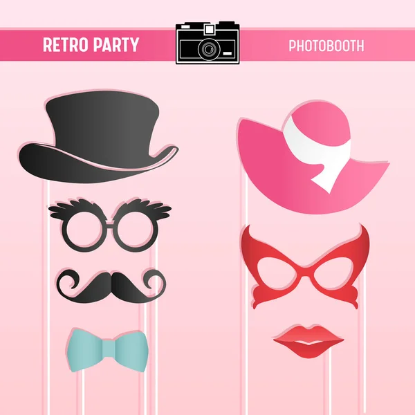 レトロなパーティー、ブライダル シャワー, 結婚式の祭典、movember ベクトルでプリクラ小道具印刷可能なメガネ、帽子、髭、唇マスク — ストックベクタ