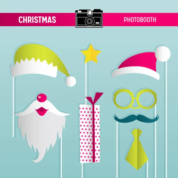Set de gafas de fiesta retro navideño, sombreros, bigotes, barba, máscaras para fotomatón en vector — Archivo Imágenes Vectoriales