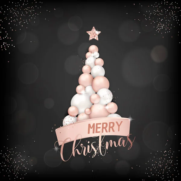 Elegante tarjeta de navidad feliz con el árbol de navidad de oro rosa de bolas para invitación o saludos o folleto de año nuevo 2019 — Archivo Imágenes Vectoriales