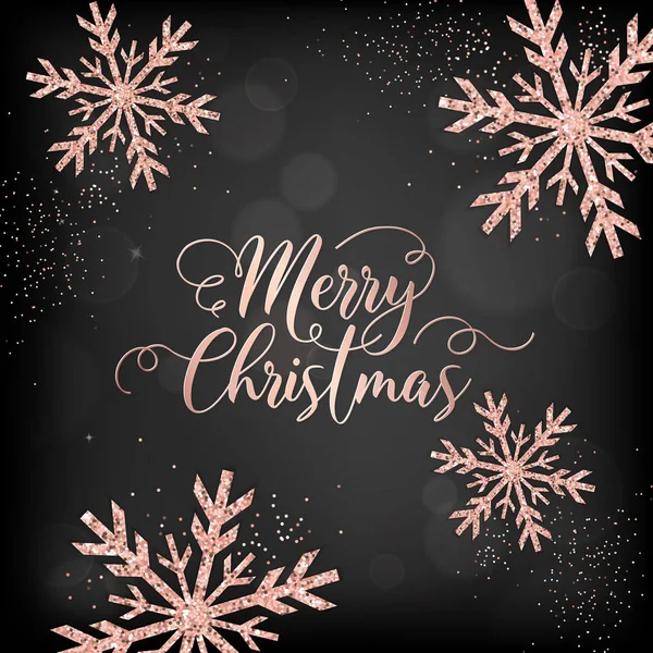 Cartão de Natal alegre elegante com flocos de neve de brilho de ouro rosa para convite ou cumprimentos ou folheto e folheto de ano novo 2019 — Vetor de Stock