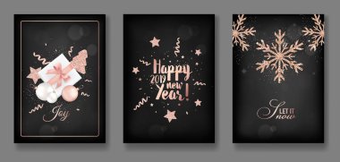 Zarif Merry Christmas ve yeni yıl 2019 kartları parlayan Rose altın Glitter Noel topları ile ayarla, yıldız, selamlar, davet, el ilanı, broşür, için kar taneleri kapak vektörde