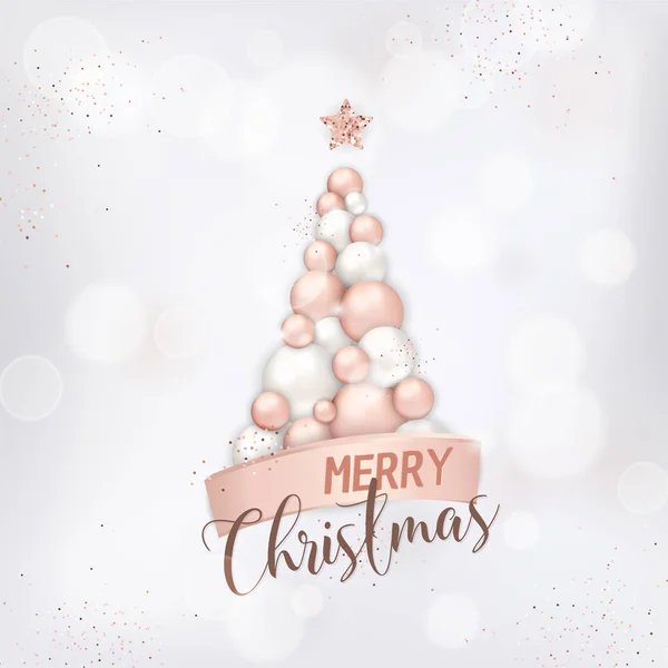 Elegante tarjeta de navidad feliz con el árbol de navidad de oro rosa de bolas para invitación o saludos o folleto de año nuevo 2019 — Archivo Imágenes Vectoriales