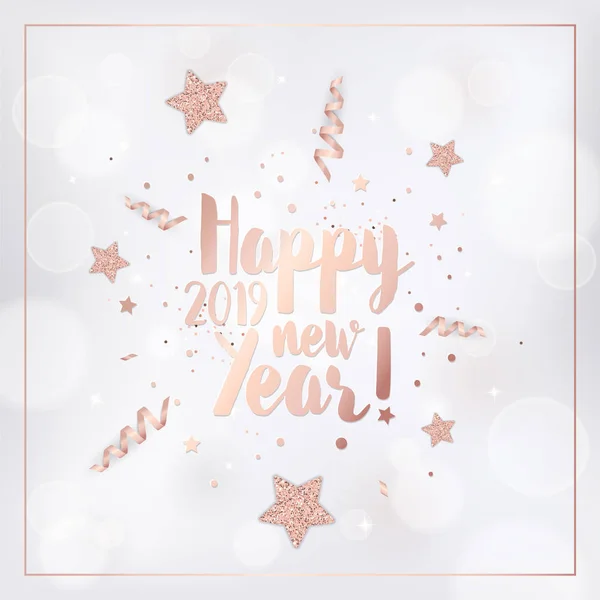 Elegante tarjeta de navidad feliz con bolas de navidad de brillo de oro rosa, estrellas, árbol de navidad para invitación o saludos o folleto de año nuevo 2019 — Vector de stock
