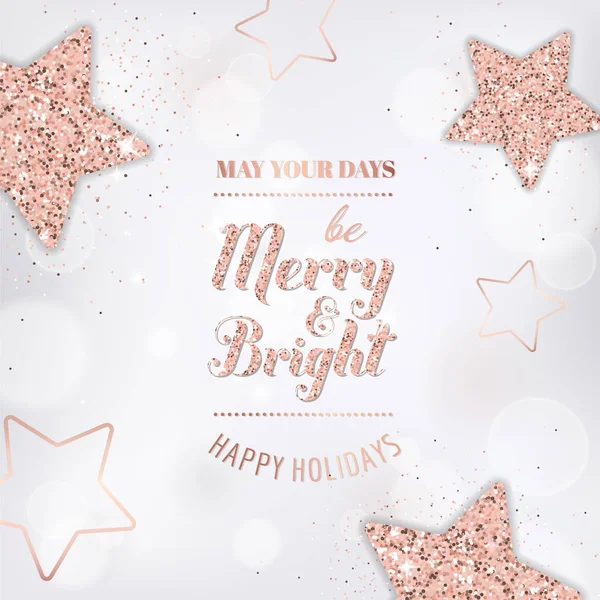 elegant merry christmas card with rose gold glitter stars for invitation or greetings or flyer and new year brochure 2019