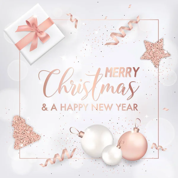 Elegantní veselé vánoční přání s Rose Gold vánoční strom koule, hvězdičky, dárky pro pozvání, pozdravy nebo leták a katalog nový rok 2019 — Stockový vektor