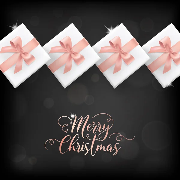 Cartão de Natal alegre elegante com presentes de Natal de ouro rosa e presentes para convite, saudações ou folheto e folheto de Ano Novo 2019 —  Vetores de Stock