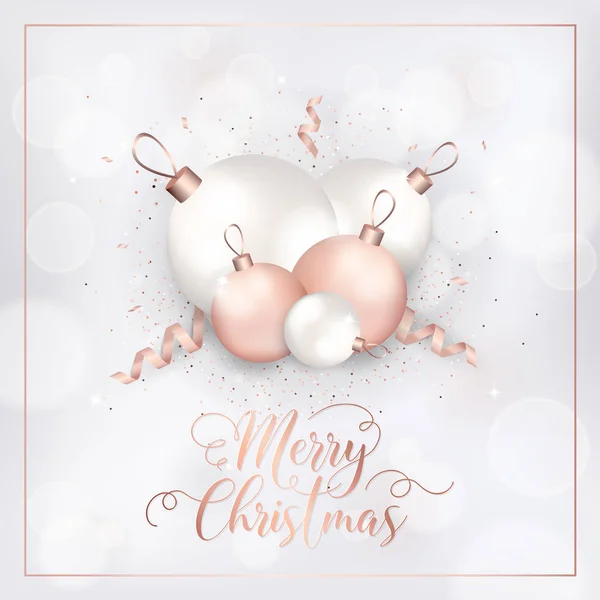 Elegante tarjeta de Navidad con bolas de árbol de Navidad de oro rosa para invitación, saludos o folleto de año nuevo 2019 — Archivo Imágenes Vectoriales