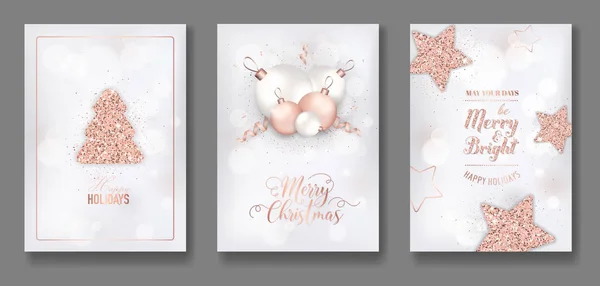 Collezione vettoriale di eleganti cartoncini di Natale con brillanti palline di Natale in oro rosa volantino dell'albero di Natale stella e brochure di Capodanno 2019 — Vettoriale Stock