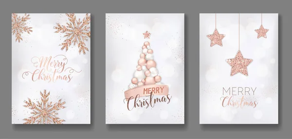 Colección vectorial de tarjetas de Navidad feliz con oro rosa bolas de Navidad brillo estrella volante del árbol de Navidad y folleto de año nuevo 2019 — Archivo Imágenes Vectoriales