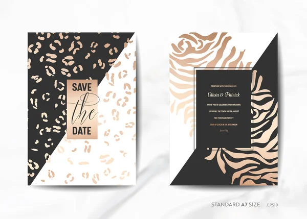 Tarjetas de invitación de boda, Guardar la fecha con la piel animal de moda de oro textura fondo ilustración en vector — Vector de stock