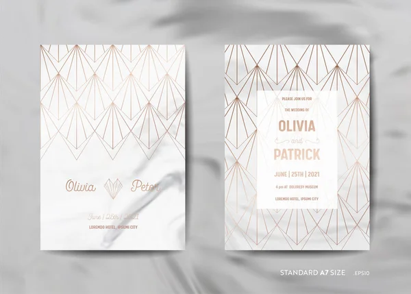 結婚式の招待カードのコレクション。トレンディな大理石のテクスチャ背景とゴールド アールデコの幾何学的なフレーム デザインのイラスト ベクトル Rsvp は、日付を保存 — ストックベクタ