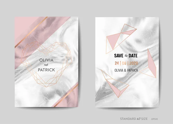 Cartões de convite de casamento, Save the Date com fundo de textura de mármore na moda e ilustração de design de moldura geométrica dourada em vetor — Vetor de Stock