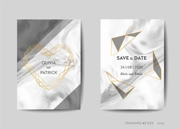 Tarjetas de invitación de boda, Save the Date con fondo de textura de mármol de moda y diseño de marco geométrico dorado ilustración en vector — Vector de stock