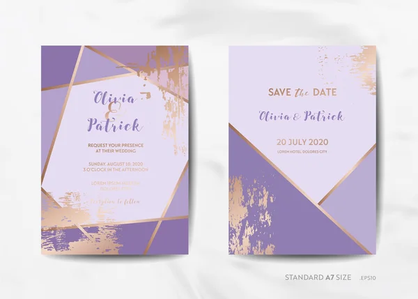 Coleção de cartões de convite de casamento. Save the Date, RSVP com fundo de textura violeta na moda e ilustração de design de moldura art deco geométrica dourada em vetor — Vetor de Stock