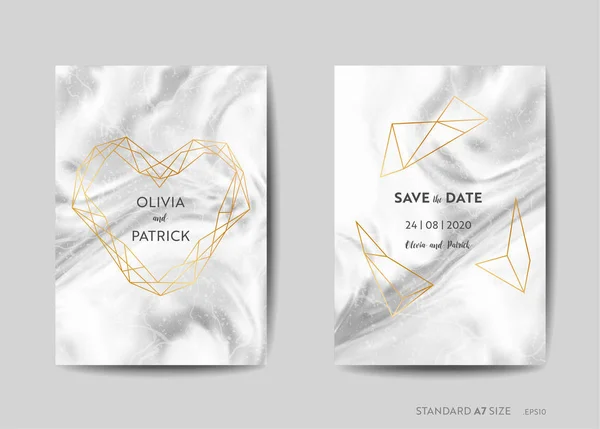 Cartes d'invitation de mariage, Style Art déco Save the Date avec fond de texture de marbre à la mode et cadre géométrique doré illustration de conception en vecteur — Image vectorielle