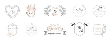 Düğün monogram koleksiyonu, Modern minimalist ve davetiye, tarihi kaydetmek, Restoran, butik, kafede vektör Logo kimlik için çiçek şablonları