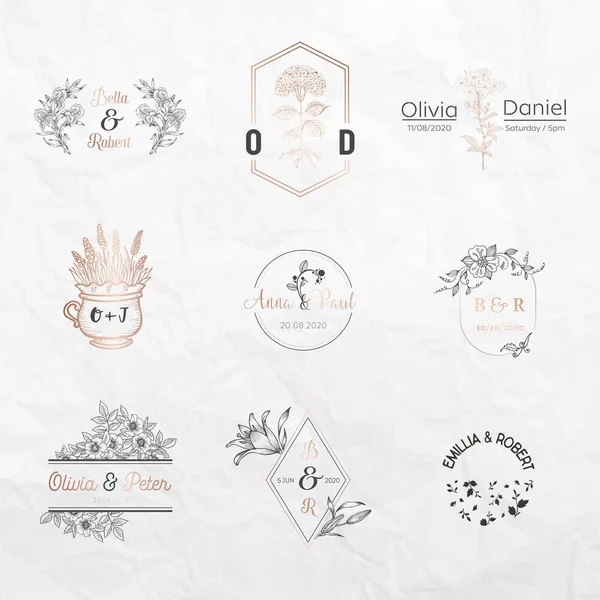 Boda colección monograma, Plantillas florales para tarjetas de invitación, Guardar la fecha, Logo identidad para restaurante, boutique, cafetería en vector — Archivo Imágenes Vectoriales