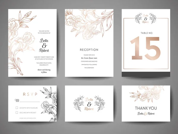 Luxe opslaan de trouwdatum, uitnodiging kaarten collectie met goud folie bloemen en Monogram Logo vector ontwerpsjabloon — Stockvector