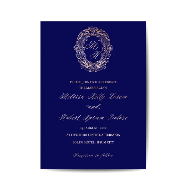 ベクトルで結婚式のモノグラム ヴィンテージ招待カード、日付テンプレートを保存、黄金箔デザイン — ストックベクタ