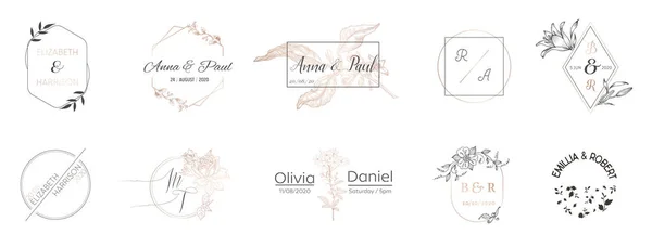 Colección monograma de boda, Modernas plantillas minimalistas y florales para tarjetas de invitación, Guardar la fecha, Logo de identidad para restaurante, boutique, cafetería en vector — Archivo Imágenes Vectoriales