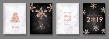 Zarif Merry Christmas ve yeni yıl 2019 kartları parlayan Rose altın Glitter Noel topları ile ayarla, yıldız, selamlar, davet, el ilanı, broşür, için kar taneleri kapak vektörde