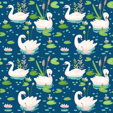 Beyaz Kuğu ve su lilyum, güzel Seamless modeli bebek arka plan, tekstil baskı, kapakları, duvar kağıdı, posterler için kullanın. Vektör çizim