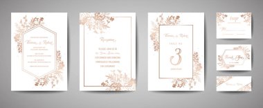 Lüks düğün tarihi, davet Donanma kartları koleksiyonu altın folyo çiçek ve yaprakları ve çelenk ile kaydedin. Vektör trendy kapak, grafik afiş, geometrik çiçek broşür, tasarım şablonu