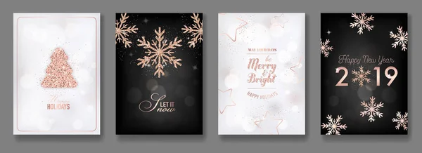 Elegante Weihnachts- und Neujahrskarten 2019 mit leuchtenden Roségold-glitzernden Weihnachtskugeln, Sternen, Schneeflocken zur Begrüßung, Einladung, Flyer, Broschüre, Einband im Vektor — Stockvektor
