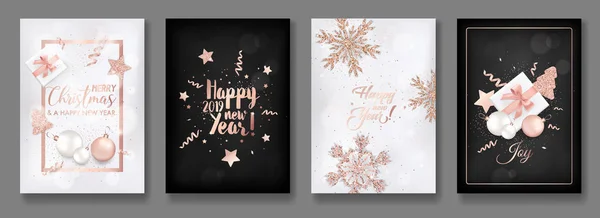 Sada elegantních Veselé Vánoce a nový rok 2019 karet s zářící vánoční koule zlaté třpytky Rose, hvězdy, vločky pro pozdravy, pozvánky, leták, brožura, pokrýt v vektor — Stockový vektor