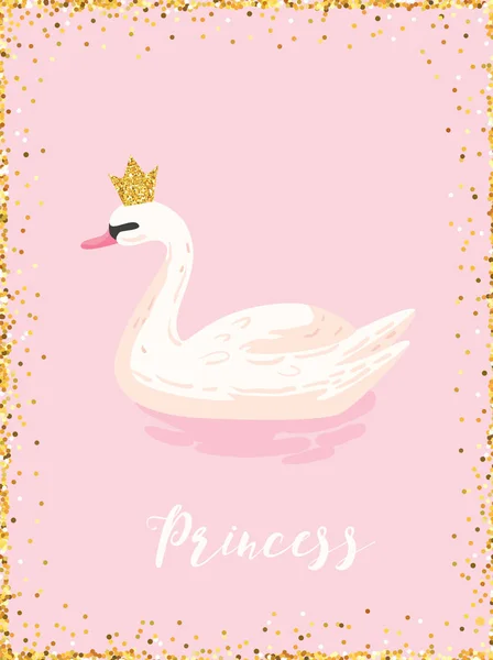 Illustration av vacker svan med gyllene Glitter krona för affisch Skriv, Baby hälsningar, inbjudan, barn Store Flyer, broschyr, bokomslag i vektor — Stock vektor