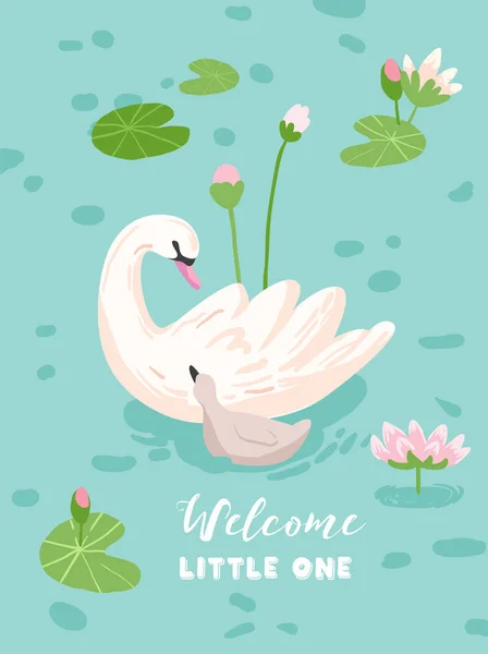 Ilustración de hermosos cisnes con nenúfares para impresión de póster, saludos del bebé, invitación, folleto de la tienda de niños, folleto, portada del libro en vector — Vector de stock