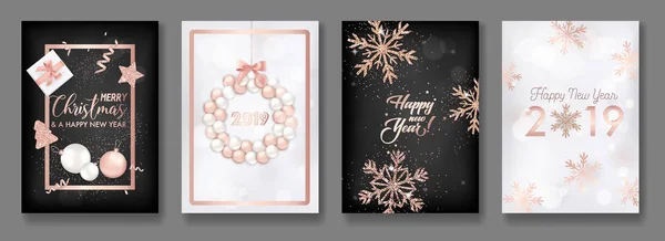 Ensemble Cartes Élégantes Joyeux Noël Nouvel 2019 Avec Paillettes Rose — Image vectorielle