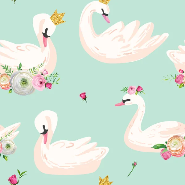 Padrão sem costura bonita com cisnes brancos com coroas e flores, use para fundo do bebê, estampas têxteis, capas, papel de parede, cartazes. Ilustração vetorial — Vetor de Stock
