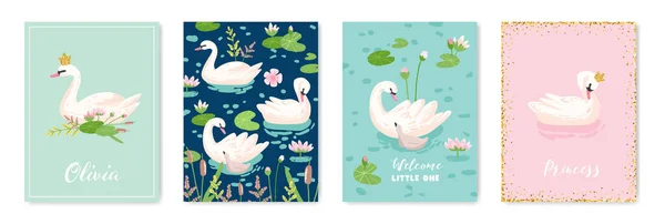 Colección de hermosos carteles de cisnes para impresión de diseño, saludos de bebés, tarjetas de llegada, invitación, folleto de la tienda de niños, folleto, portada en vector — Vector de stock