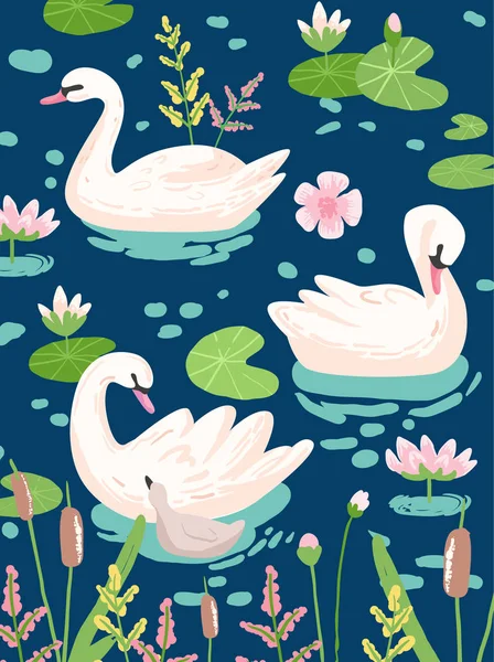 Ilustracja piękne łabędzie z wody Lillies dla Poster Print, Baby życzenia, zaproszenie, dzieci sklepu ulotki, broszury, etui w wektor — Wektor stockowy