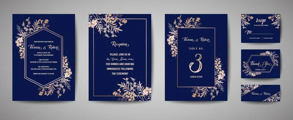 Casamento de luxo Salve a data, Convite Navy Cards Collection with Gold Foil Flowers and Leaves and Wreath. Tampa da moda vetorial, cartaz gráfico, folheto floral geométrico, modelo de design —  Vetores de Stock